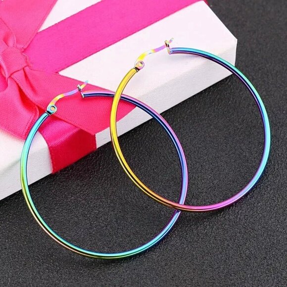 NWT Large Hoop Earrings Titanium Rainbow Steel Multicolor - Picture 11 of 11